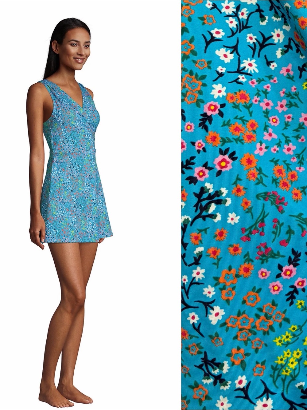 Lands' End Slender Surplice Skirted Swimsuit Tummy Control Blue Floral Resort